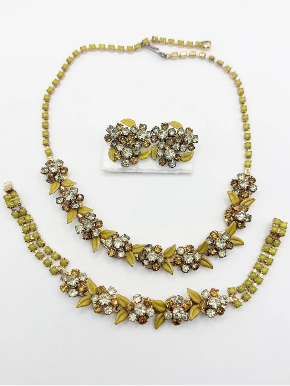 Vintage Gold-Tone Floral Crystal Necklace, Bracelet, Earring Set in Celery Green